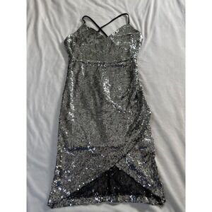 Privy Silver Sequin V-Neck Cross Back Tulip Hem Cocktail Dress PD5751A L